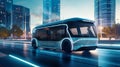 AI generated illustration of an electric bus driving along a city street at night Royalty Free Stock Photo