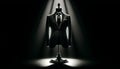 AI generated illustration of an elegant black suit and tie hanging in a dark room