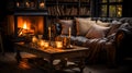 AI generated illustration of an elegant couch in a cozy living room, in front of a warm fireplace Royalty Free Stock Photo