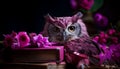 A pink owl perched atop a stack of books, with a vibrant bouquet of multicolored flowers near