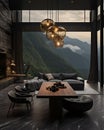 AI generated illustration of an elegant room with a view of majestic mountains