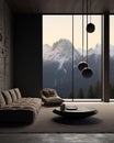 AI generated illustration of an elegant room with a view of majestic mountains