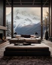 AI generated illustration of an elegant room with a view of majestic mountains