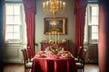 AI generated illustration of an elegant, sophisticated dining room, featuring red velvet drapes Royalty Free Stock Photo