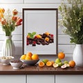 AI generated illustration of an elegant wooden table featuring a vibrant floral arrangement of fruit Royalty Free Stock Photo