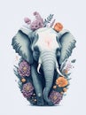 AI generated illustration of elephant with flowers on white background