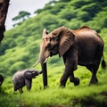 AI generated illustration of an elephant and its tiny calf walking side-by-side in a grassy field