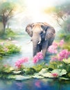 AI generated illustration of a elephant standing in a serene pool of water with pink flowers