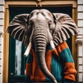 AI generated illustration of an elephant in a sweater on the street