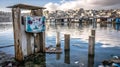 an old outhouse on stilts in water surrounded by slums