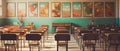 AI generated illustration of an empty classroom with desks and chairs Royalty Free Stock Photo