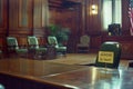 AI-generated illustration of an empty courtroom with a table sign saying: silence in court Royalty Free Stock Photo