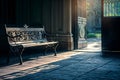 an old park bench sitting on the sidewalk with an open door Royalty Free Stock Photo