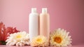 AI-generated illustration of empty plastic shampoo bottles sitting next to flowers with copy space Royalty Free Stock Photo