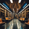 AI generated illustration of An empty public transportation train car travelling in the night time