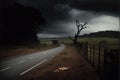 AI-generated illustration of an empty road in a rural area on a dark, gloomy day Royalty Free Stock Photo