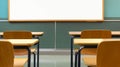 AI-generated illustration of an empty school classroom with desks and a white projector screen Royalty Free Stock Photo