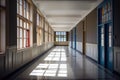 AI generated illustration of an empty school hallway featuring a blue door and several windows