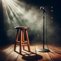 AI generated illustration of an empty stage with overhead lighting, with a microphone Royalty Free Stock Photo