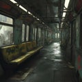 AI generated illustration of an empty subway car with dirt and grime, waiting at a station