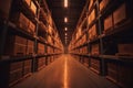 AI generated illustration of an empty warehouse with rows of stacked boxes organized on the shelves