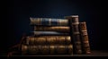 Pile of old books on a wooden table. Dark background.