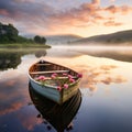 AI generated illustration of an empty wooden boat adorned with flowers on a peaceful lake at sunset Royalty Free Stock Photo