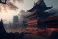AI generated illustration of an enchanted mystical oriental building on a foggy weather