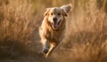 AI generated illustration of an energetic Golden Retriever dog running through a verdant field