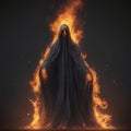 AI generated illustration of an enigmatic figure stands surrounded by an orange blaze of fire