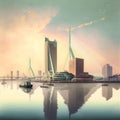 AI generated illustration of Erasmusbrug or Erasmus Bridge reflecting in water with a cloudscape