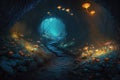 AI generated illustration of an ethereal cave illuminated by a multitude of bioluminescent mushrooms