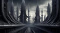 AI generated illustration of An ethereal futuristic cityscape featuring a variety of structures