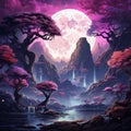 AI generated illustration of an ethereal purple-hued forest at night, with a glowing full moon