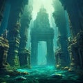 AI generated illustration of an ethereal underwater city, illuminated in a mysterious light