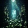 AI generated illustration of an ethereal underwater city, illuminated in a mysterious light