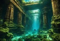 AI generated illustration of an ethereal underwater cityscape with moss-covered rocks and trees