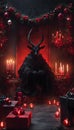 AI generated illustration of an evil dark goat figure in a festive room with Christmas gifts