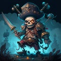 AI generated illustration of an evil skeleton-pirate with ships on the background