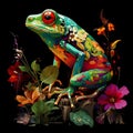 AI generated illustration of an exotic, brightly colored frog atop a blooming flower