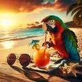 AI generated illustration of an exotic parrot perched beside a refreshing drink on a tropical beach