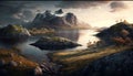 AI generated illustration of an expansive landscape featuring a picturesque mountain range and lake