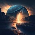 AI generated illustration of an expansive landscape with a large blue orb hovering over