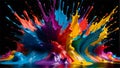 AI generated. Illustration. Explosion of bright acrylic paints. Mixing paints. Splash and blots of multi-colored paints