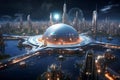 AI generated illustration of an extraterrestrial cityscape in the night with a dome-shaped structure