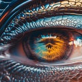 AI generated illustration of the eye of a fantastical alien creature, featuring a vibrant green iris Royalty Free Stock Photo