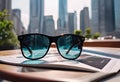 glasses sitting on top of a table next to a newspaper