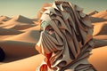 AI generated illustration of a face of a woman covered with abstract wavy beige hijab
