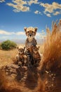 AI generated illustration of a family of cheetahs resting on the ground, surrounded by tall grass Royalty Free Stock Photo