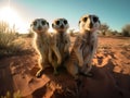 AI-generated illustration of a family of cute meerkats playing and digging in the desert sand.